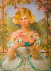 Jane avec un bol de roses